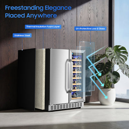 Holds 21 Bottles and 88 Cans Wine and Beverage Refrigerator, 24” Daul Zone Wine Fridge, Freestanding Under Counter Refrigerator, Stainless Steel Beverage Cooler with Adjustable Shelves