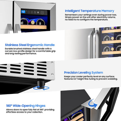 Holds 21 Bottles and 88 Cans Wine and Beverage Refrigerator, 24” Daul Zone Wine Fridge, Freestanding Under Counter Refrigerator, Stainless Steel Beverage Cooler with Adjustable Shelves