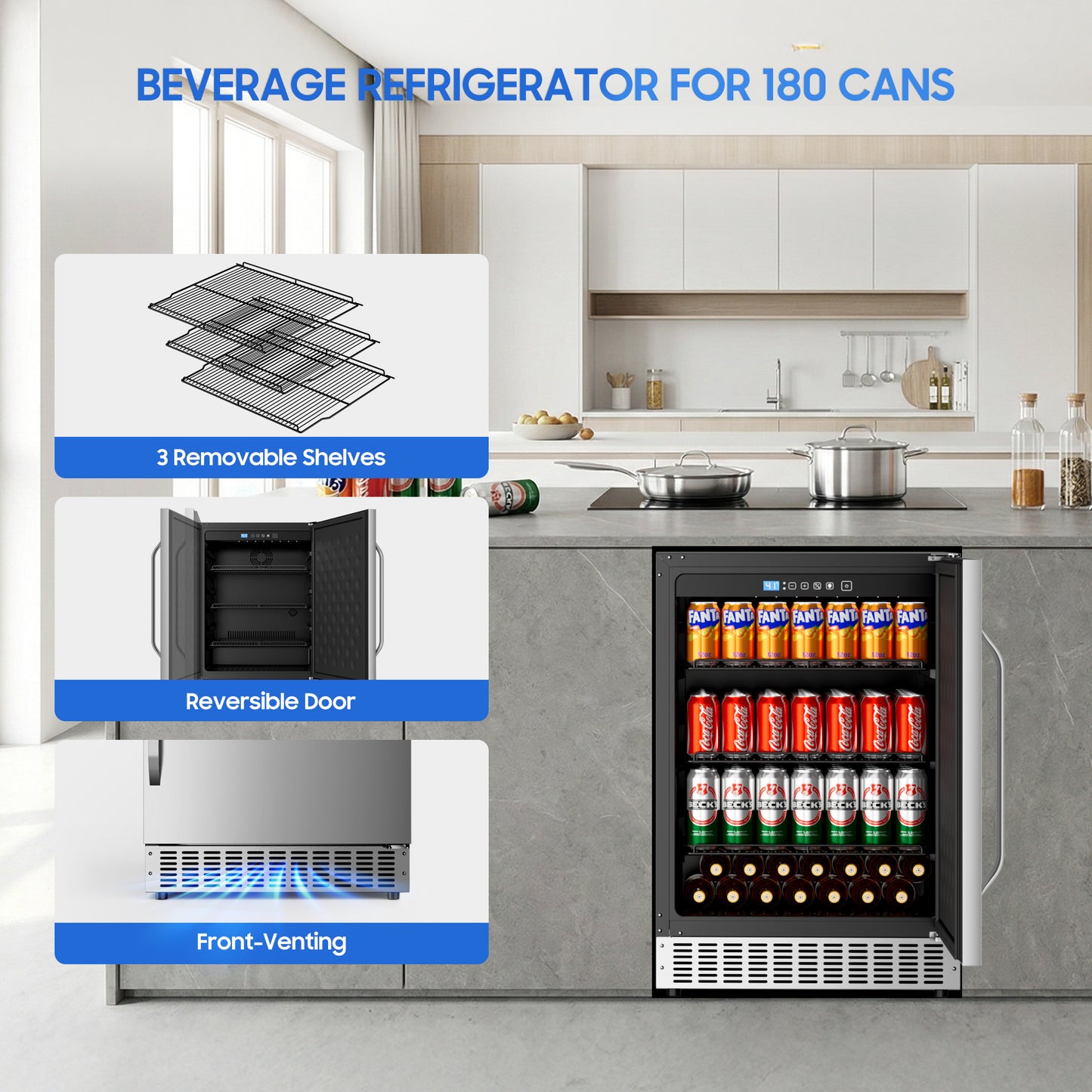 Built-In or Freestanding Drink Fridge 180 Cans, Outdoor Beverage Refrigerator 24’’, Undercounter Waterproof Stainless Steel Door, Outdoor Refrigerator for Patio & Commercial Use for Beer, Soda, Wine