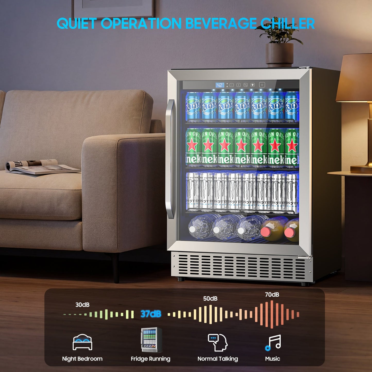 24 Inch Beverage Refrigerator, 200 Can Built-in Beverage Cooler, Under Counter Beer Fridge with Glass Door for Soda, Water, Wine - For Kitchen, Bar or Office