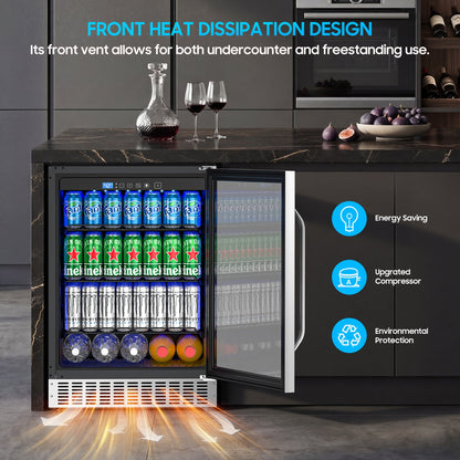 24 Inch Beverage Refrigerator, 200 Can Built-in Beverage Cooler, Under Counter Beer Fridge with Glass Door for Soda, Water, Wine - For Kitchen, Bar or Office