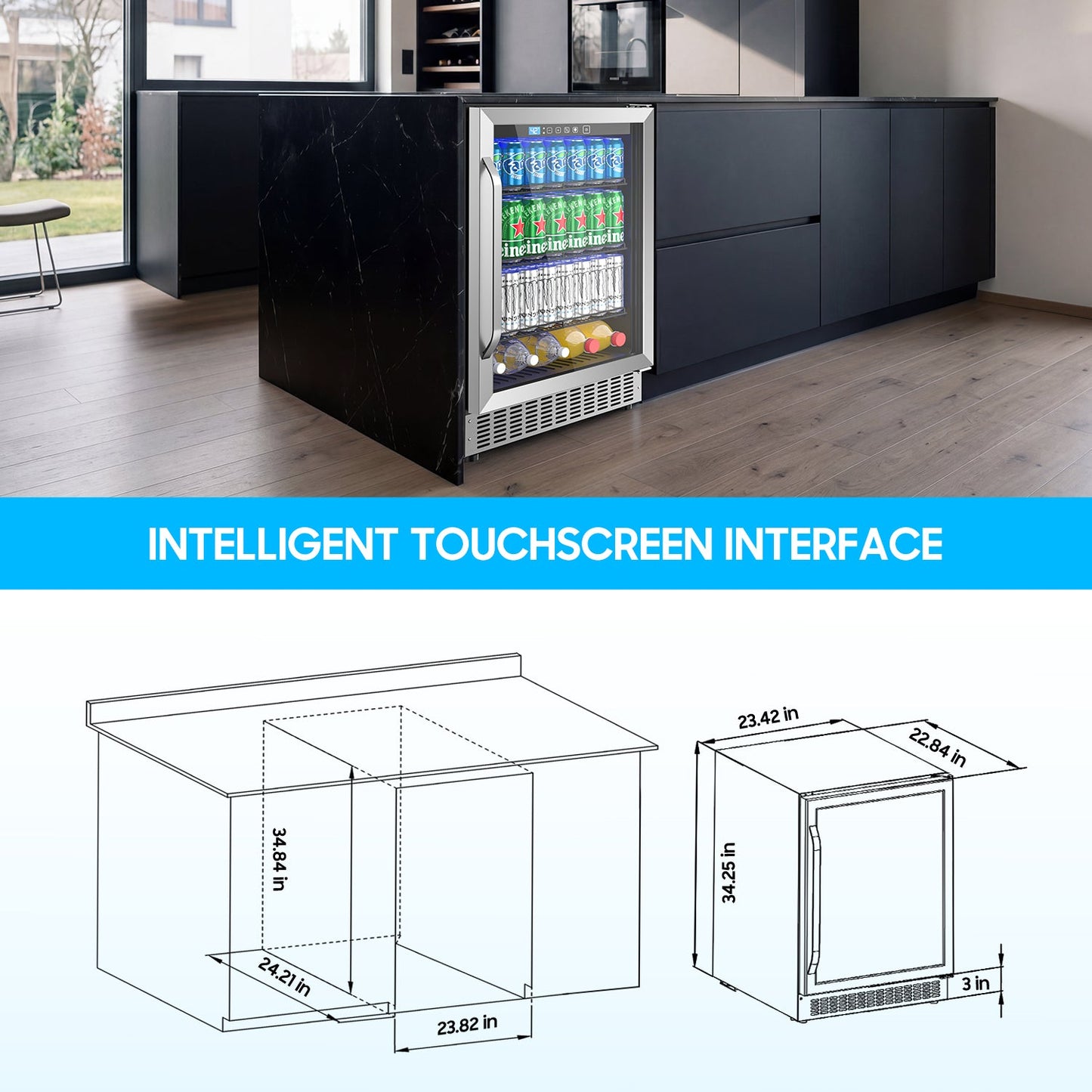 24 Inch Beverage Refrigerator, 200 Can Built-in Beverage Cooler, Under Counter Beer Fridge with Glass Door for Soda, Water, Wine - For Kitchen, Bar or Office