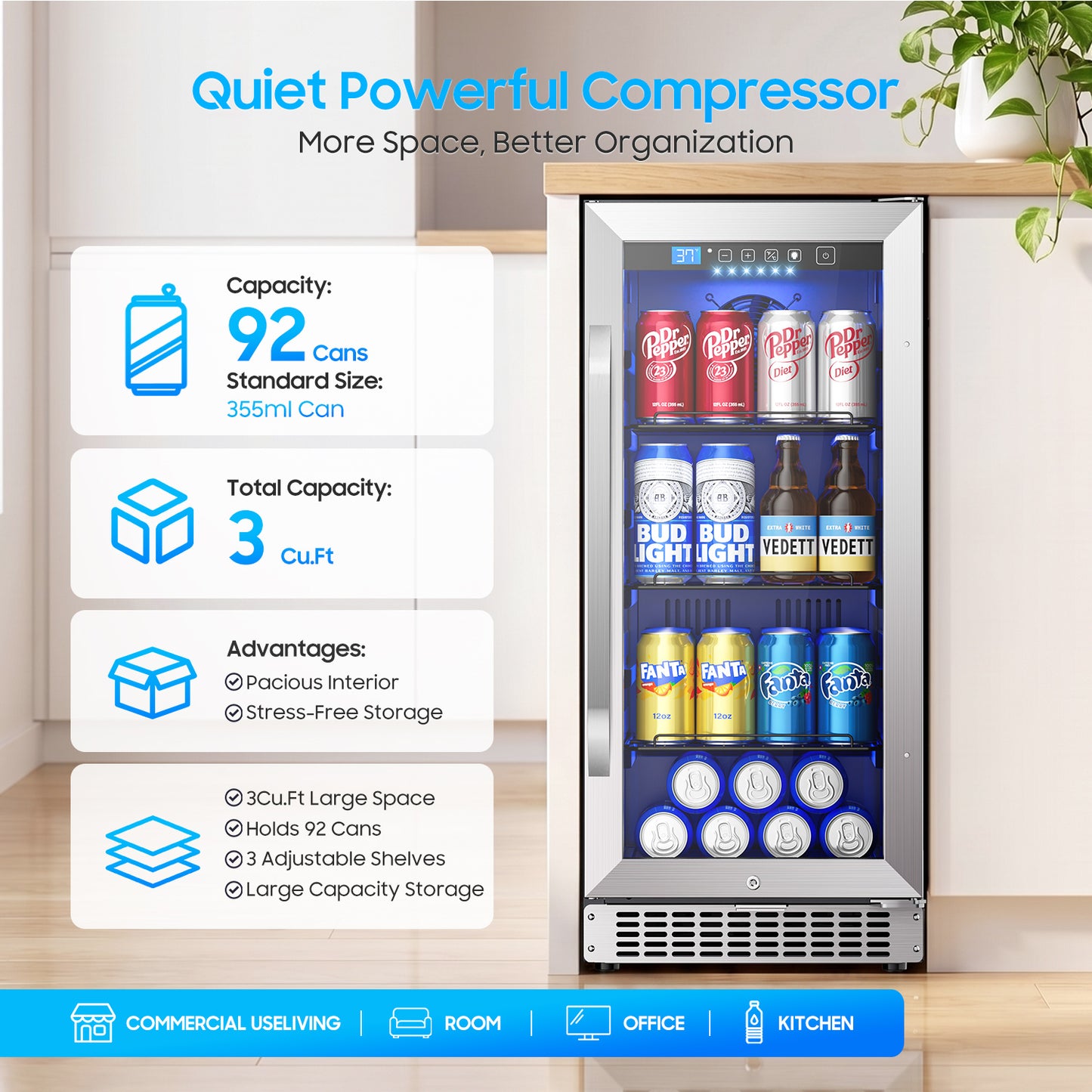 15In Under Counter Beverage Refrigerator, 92Cans Drink Fridge for Kitchen
