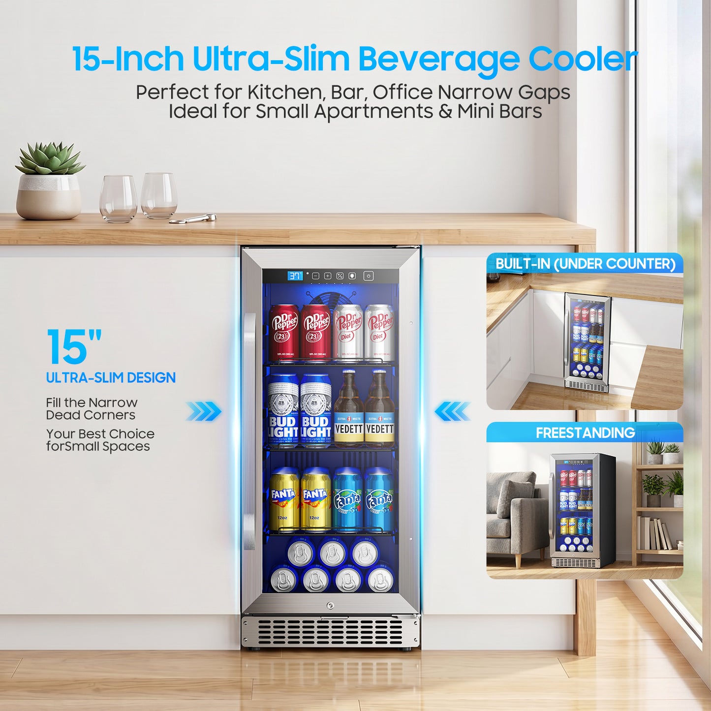 15In Under Counter Beverage Refrigerator, 92Cans Drink Fridge for Kitchen