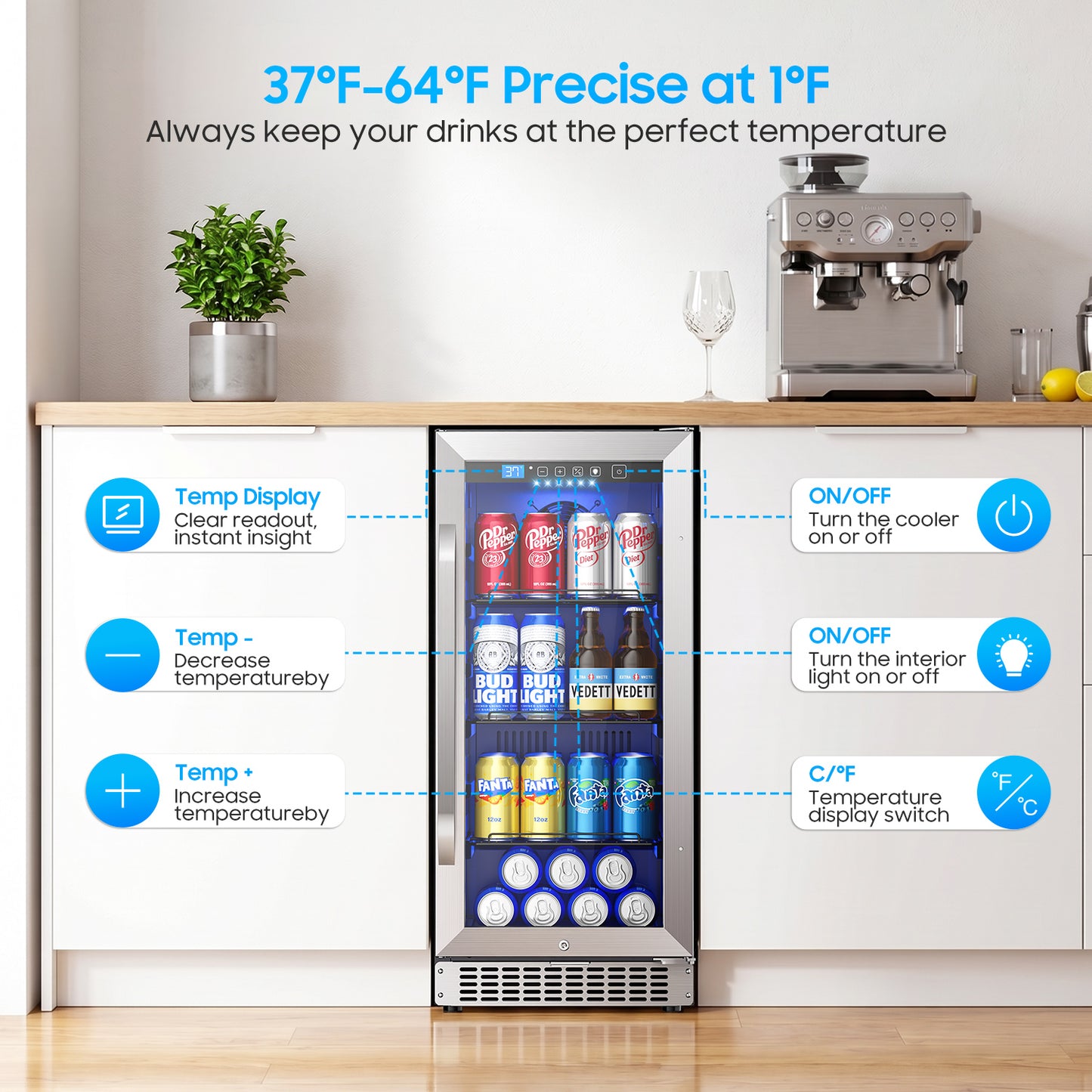 15In Under Counter Beverage Refrigerator, 92Cans Drink Fridge for Kitchen