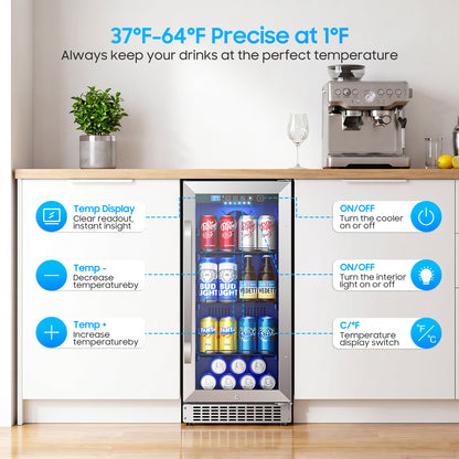 15In Under Counter Beverage Refrigerator, 92Cans Drink Fridge for Kitchen
