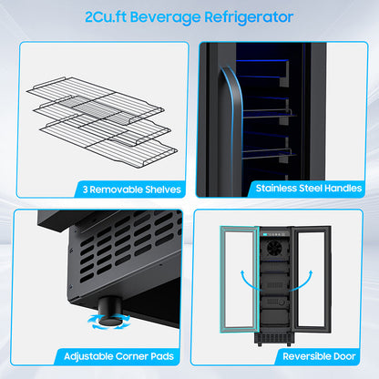 60 Cans Beverage Refrigerator with Double-Layer Glass Door, Digital Temperature Control, LED Lgiht for Home, Bar, Office