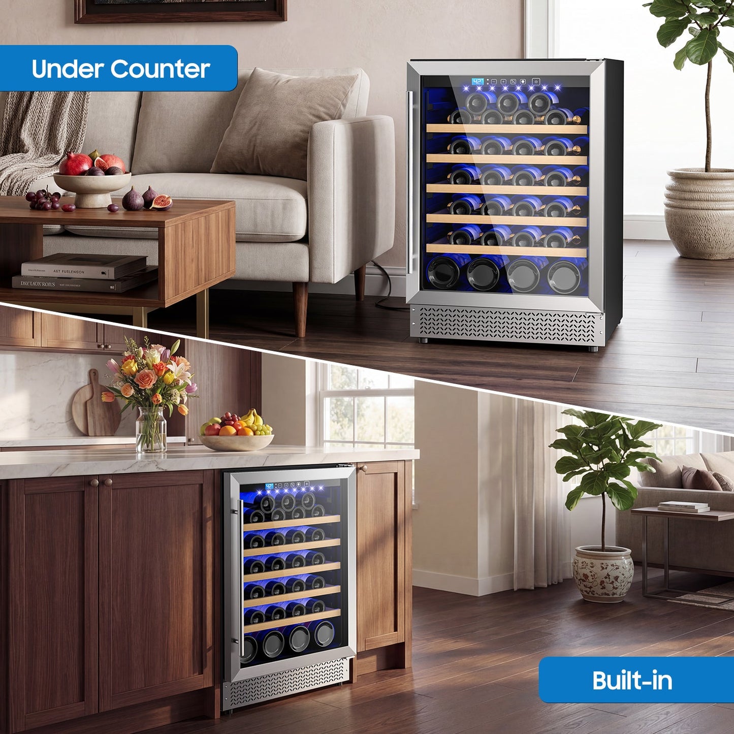 Wine Fridge & Cooler - 24 Inch 54 Bottle Wine Cooler Refrigerator, 41-64°F Dual Zone Wine Refrigerator Glass Door, Built-in or Freestanding Fridge for Home/Bar/Kitchen (5.3 cu.ft)