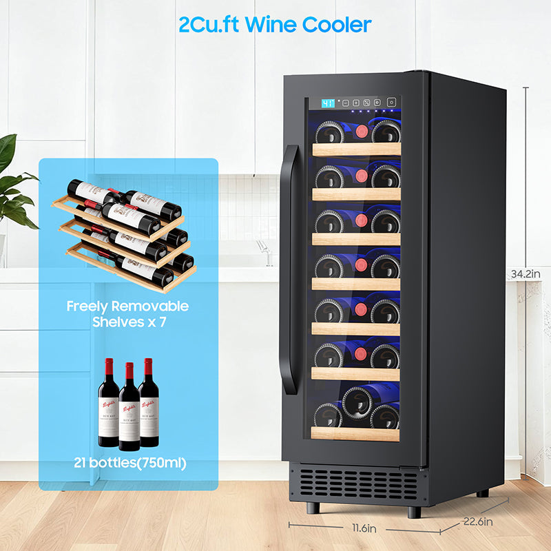 21 Bottle Wine Fridge Small 12 Inch Refrigerator Freestanding/Built in, Compressor 2Cu.Ft Wine Cooler w/Lock & LED Display, 41℉-64℉ Digital Temperature Control Fridge for Cubicle under Counter